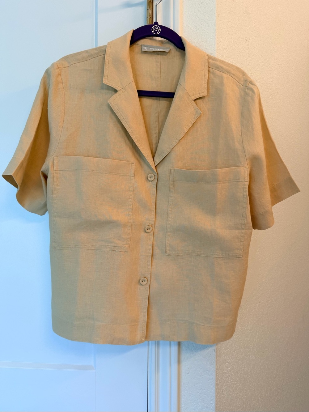Everlane Short-Sleeve Camp Collar Linen Shirt in Beige